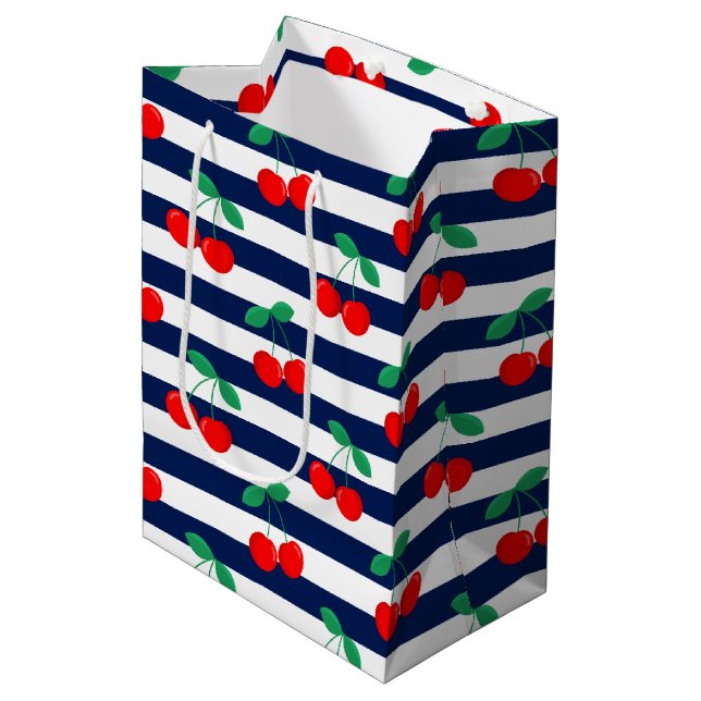 Cherry Stripe Muster - Retro Fruit Gift & Decke Mittlere Geschenktüte (Vorderseite Schrägansicht)