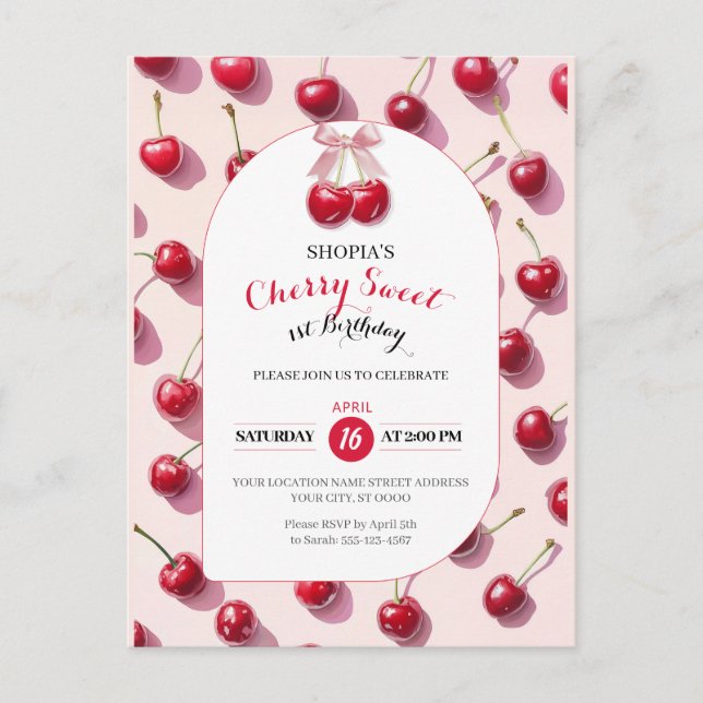 Cherry Sweet 1. Geburtstag Einladung Postkarte (Vorderseite)