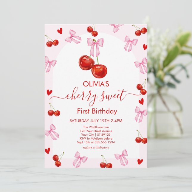 Cherry Sweet Birthday Cherries 1st Birthday Einladung (Stehend Vorderseite)
