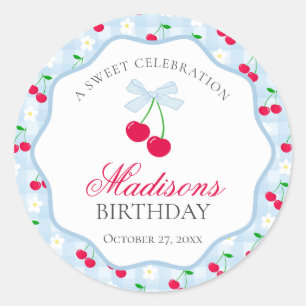 Cherry Sweet Blue Coquette Bow Birthday Siegel Runder Aufkleber