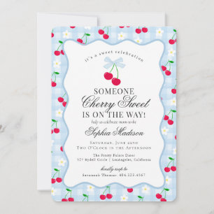 Cherry Sweet Blue Coquette Bow Gingham Baby Shower Einladung