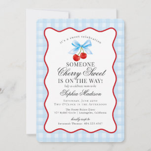 Cherry Sweet Blue Coquette Bow Gingham Baby Shower Einladung