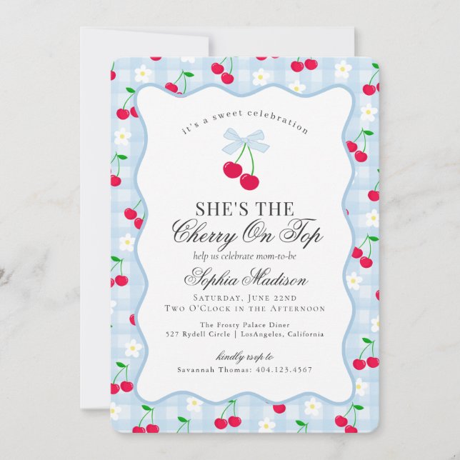 Cherry Sweet Blue Coquette Bow Gingham Baby Shower Einladung (Vorderseite)