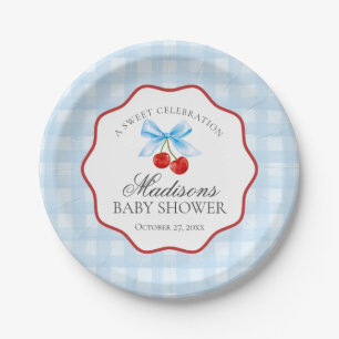 Cherry Sweet Blue Coquette Bow Gingham Baby Shower Pappteller