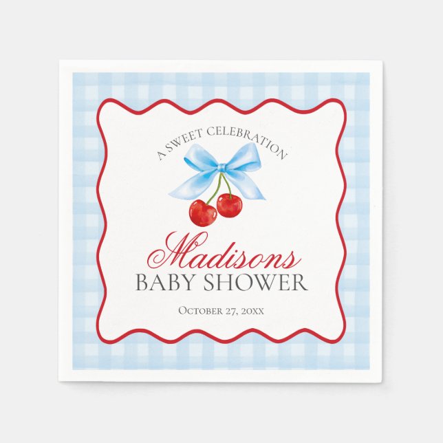 Cherry Sweet Blue Coquette Bow Gingham Baby Shower Serviette (Vorderseite)