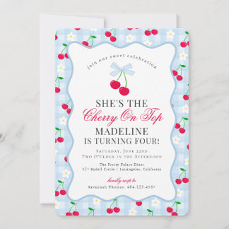 Cherry Sweet Blue Coquette Bow Gingham Birthday Einladung