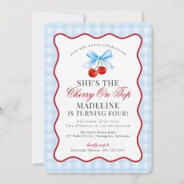 Cherry Sweet Blue Coquette Bow Gingham Birthday Einladung