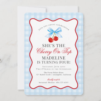 Cherry Sweet Blue Coquette Bow Gingham Birthday Einladung