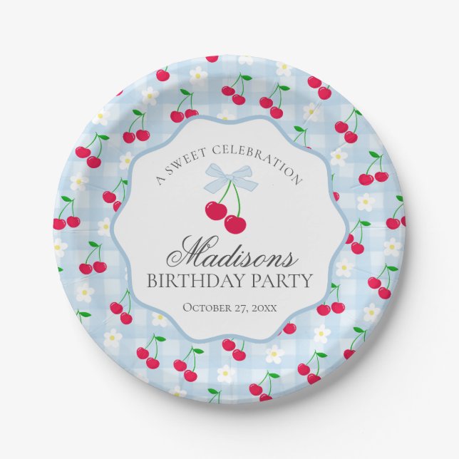 Cherry Sweet Blue Coquette Bow Gingham Birthday Pappteller (Vorderseite)