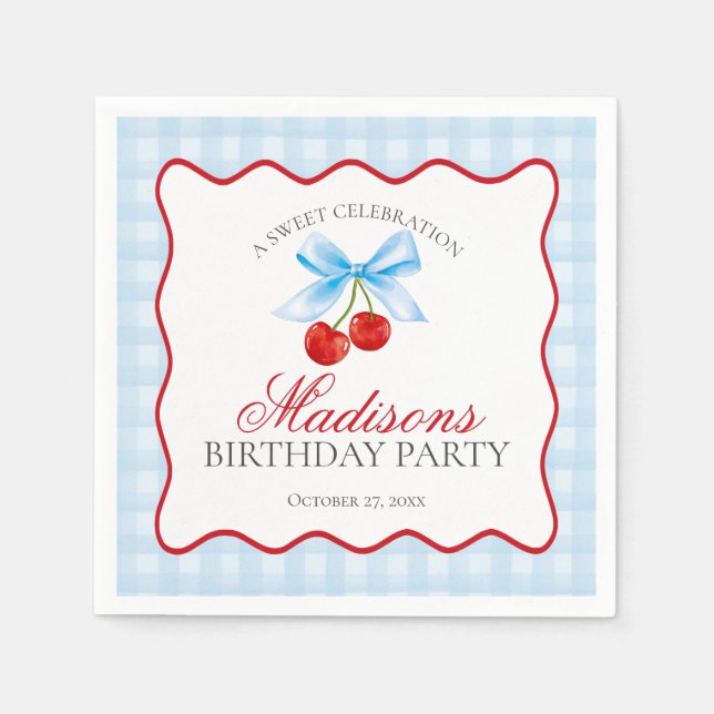 Cherry Sweet Blue Coquette Bow Gingham Birthday Serviette (Vorderseite)