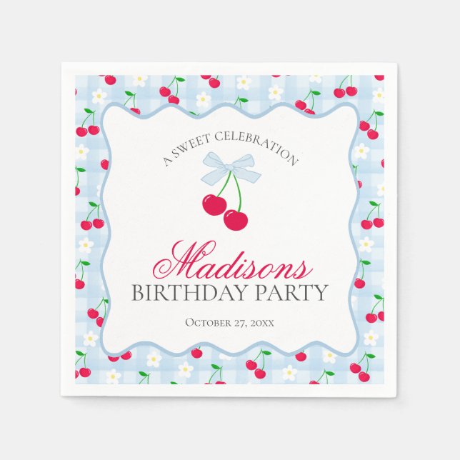 Cherry Sweet Blue Coquette Bow Gingham Birthday Serviette (Vorderseite)