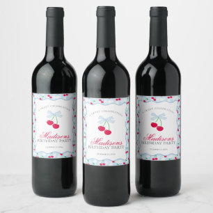 Cherry Sweet Blue Coquette Bow Gingham Birthday Weinetikett