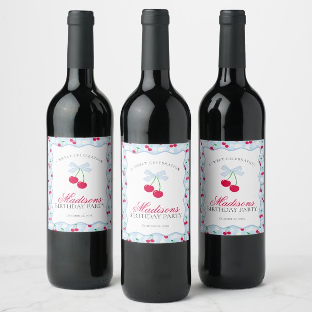 Cherry Sweet Blue Coquette Bow Gingham Birthday Weinetikett (Flaschen)