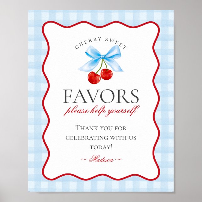 Cherry Sweet Blue Coquette Bow Gingham Favors Sign Poster (Vorne)