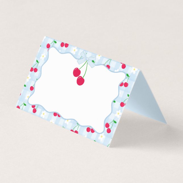 Cherry Sweet Blue Coquette Bow Gingham Platzkarte (Vorderseite)