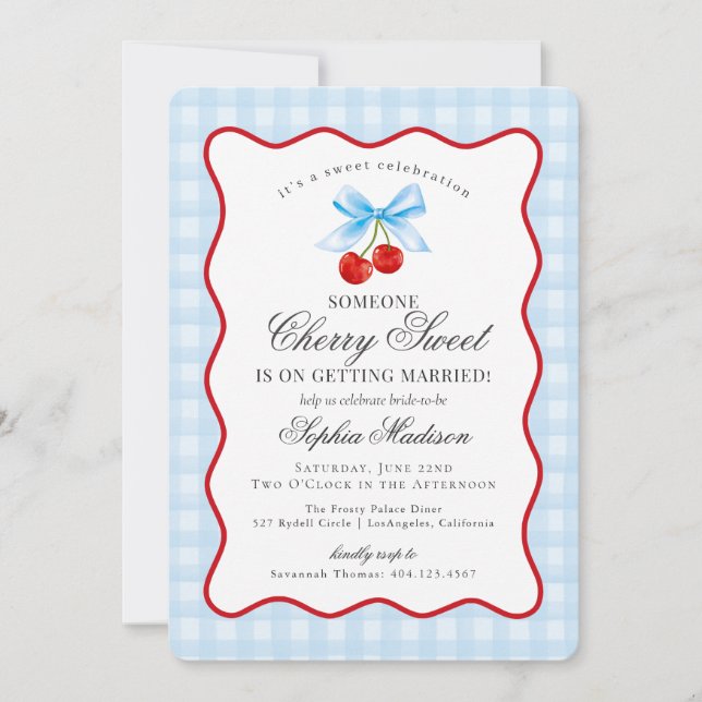 Cherry Sweet Blue Coquette Gingham Brautparty Einladung (Vorderseite)
