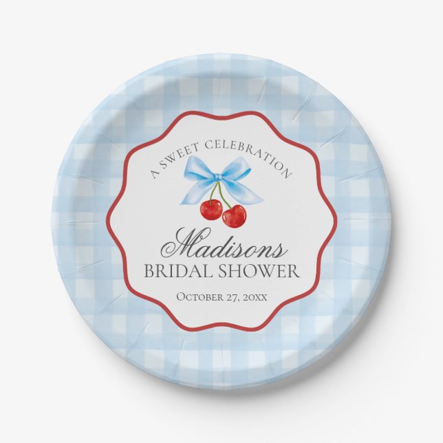 Cherry Sweet Blue Coquette Gingham Brautparty Pappteller (Vorderseite)