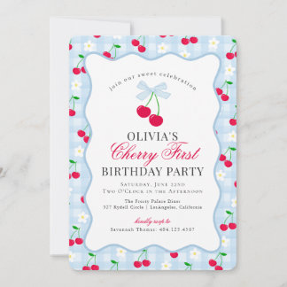 Cherry Sweet Blue Coquette Gingham First Birthday Einladung