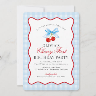 Cherry Sweet Blue Coquette Gingham First Birthday Einladung