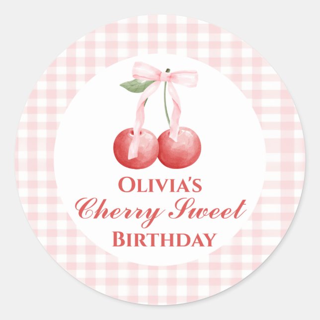 Cherry Sweet Geburtstag Pink Bow Gingham Runder Aufkleber (Vorderseite)