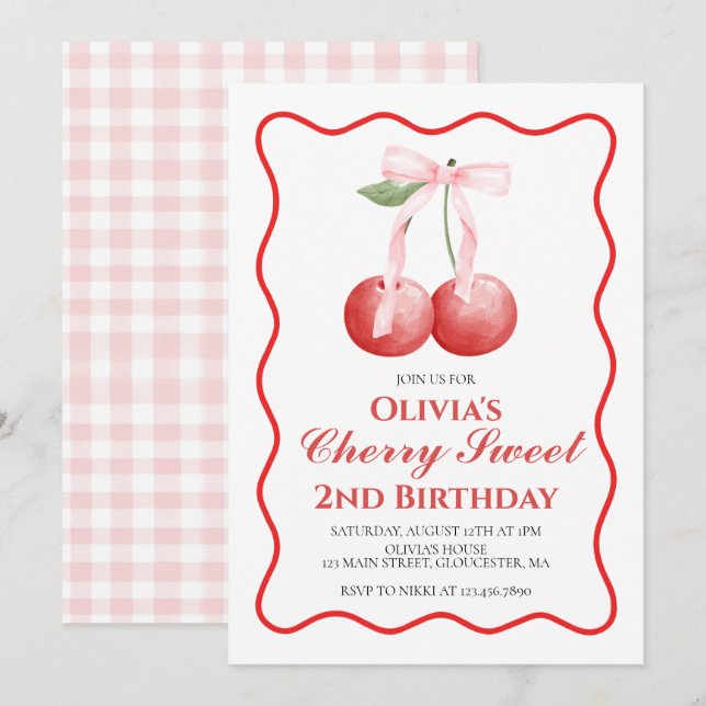 Cherry Sweet Pink Bow Geburtstag Einladung (Vorne/Hinten)