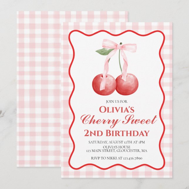 Cherry Sweet Pink Bow Geburtstag Einladung (Vorne/Hinten)
