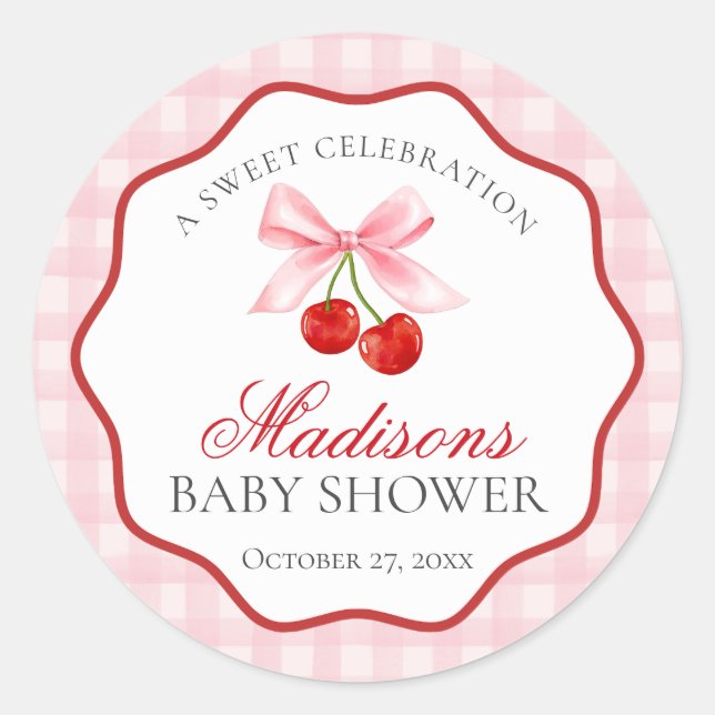 Cherry Sweet Pink Coquette Bow Baby Dusche Siegel Runder Aufkleber (Vorderseite)