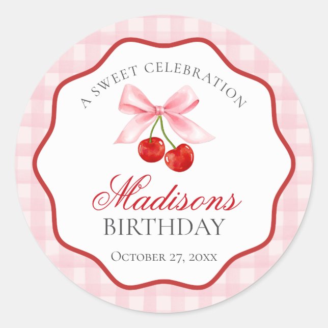 Cherry Sweet Pink Coquette Bow Birthday Siegel Runder Aufkleber (Vorderseite)