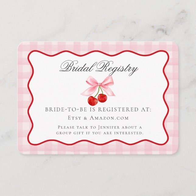 Cherry Sweet Pink Coquette Bow Bridal Registry Begleitkarte (Vorderseite)