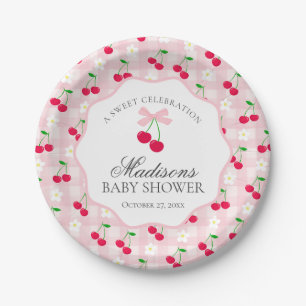 Cherry Sweet Pink Coquette Bow Gingham Baby Dusche Pappteller