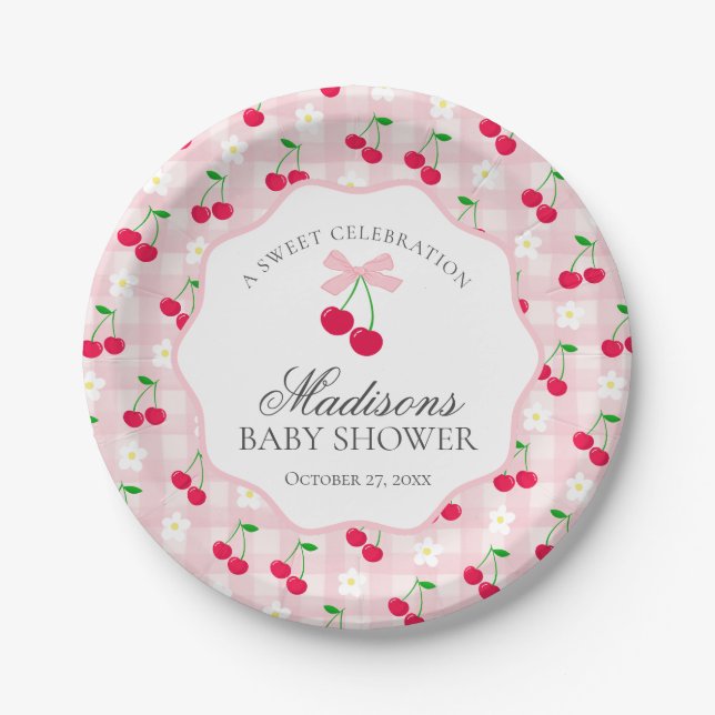 Cherry Sweet Pink Coquette Bow Gingham Baby Dusche Pappteller (Vorderseite)