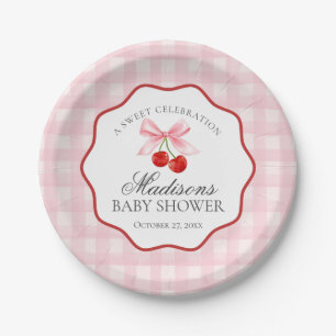 Cherry Sweet Pink Coquette Bow Gingham Baby Dusche Pappteller