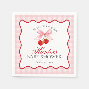 Cherry Sweet Pink Coquette Bow Gingham Baby Dusche Serviette
