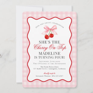 Cherry Sweet Pink Coquette Bow Gingham Birthday Einladung