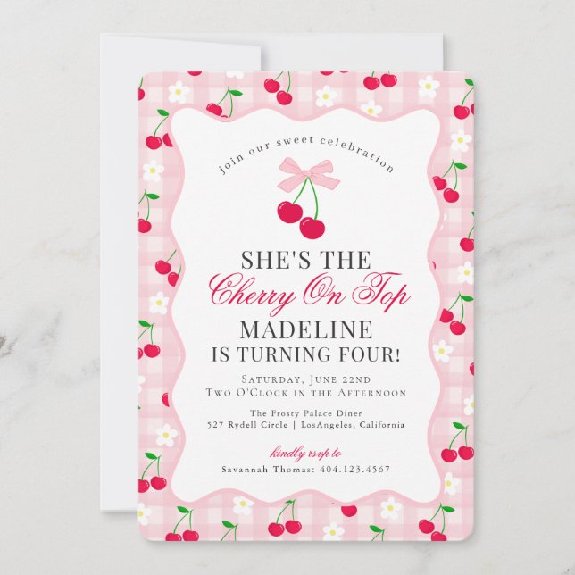 Cherry Sweet Pink Coquette Bow Gingham Birthday Einladung (Vorderseite)