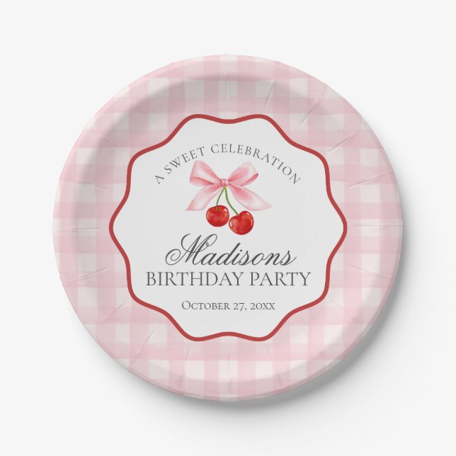 Cherry Sweet Pink Coquette Bow Gingham Birthday Pappteller (Vorderseite)