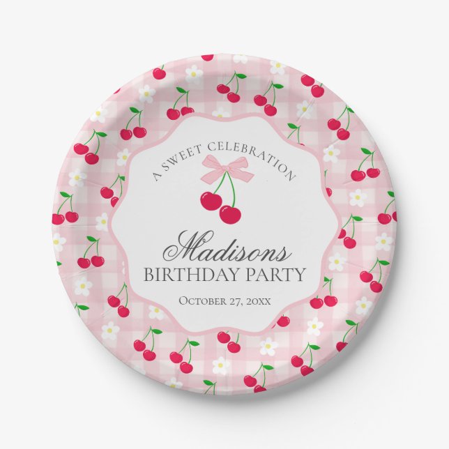 Cherry Sweet Pink Coquette Bow Gingham Birthday Pappteller (Vorderseite)
