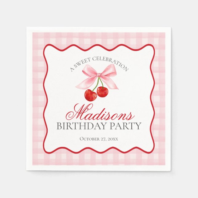 Cherry Sweet Pink Coquette Bow Gingham Birthday Serviette (Vorderseite)