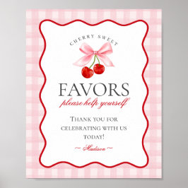 Cherry Sweet Pink Coquette Bow Gingham Favors Zeic Poster