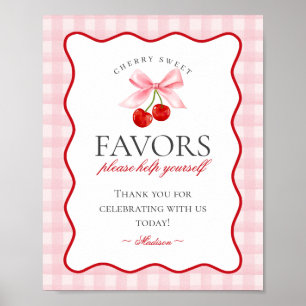 Cherry Sweet Pink Coquette Bow Gingham Favors Zeic Poster