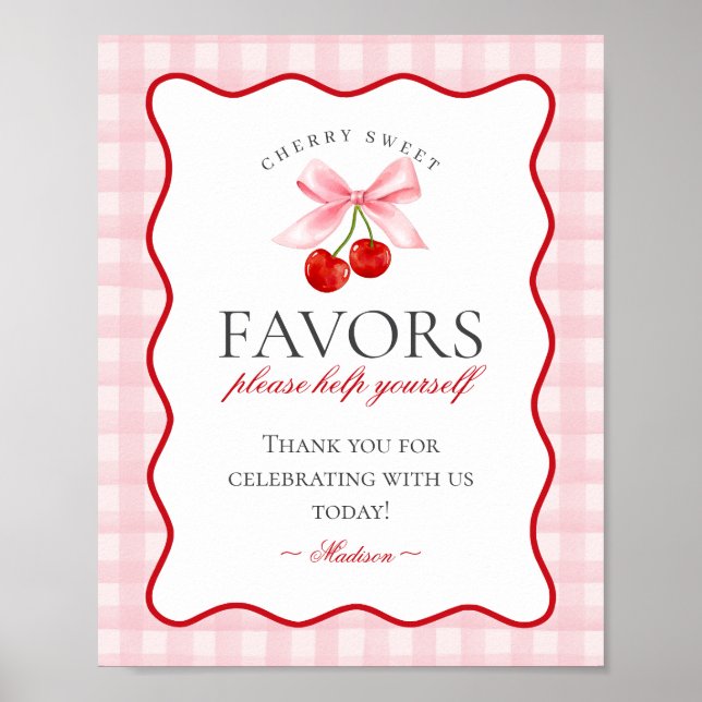 Cherry Sweet Pink Coquette Bow Gingham Favors Zeic Poster (Vorne)