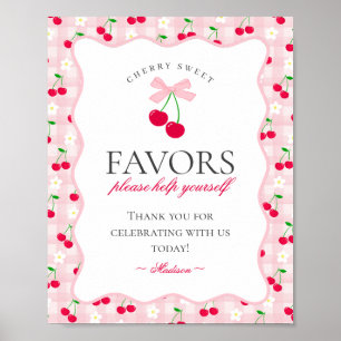 Cherry Sweet Pink Coquette Bow Gingham Favors Zeic Poster