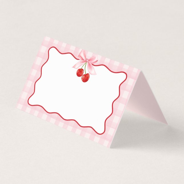 Cherry Sweet Pink Coquette Bow Gingham Platzkarte (Vorderseite)