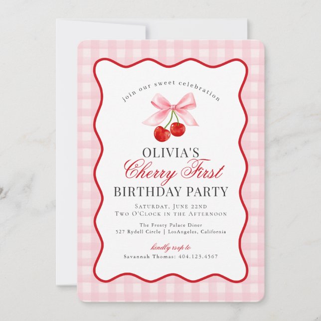 Cherry Sweet Pink Coquette Gingham Erster Geburtst Einladung (Vorderseite)