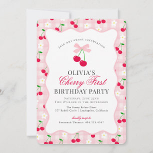 Cherry Sweet Pink Coquette Gingham Erster Geburtst Einladung