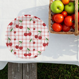 Cherry Themed Paper Plate Set with Pink Checkered Pappteller