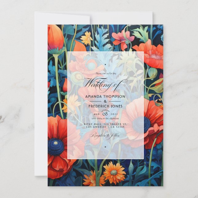 Cherry Tomato und Royal Blue Floral Wedding Einladung (Vorderseite)