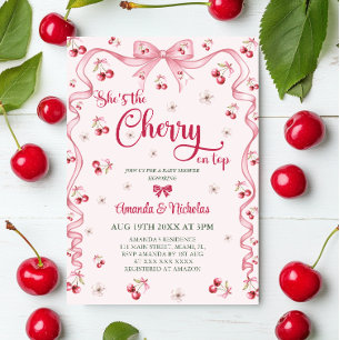Cherry Top Pink Bow Girl Babydusche Einladung