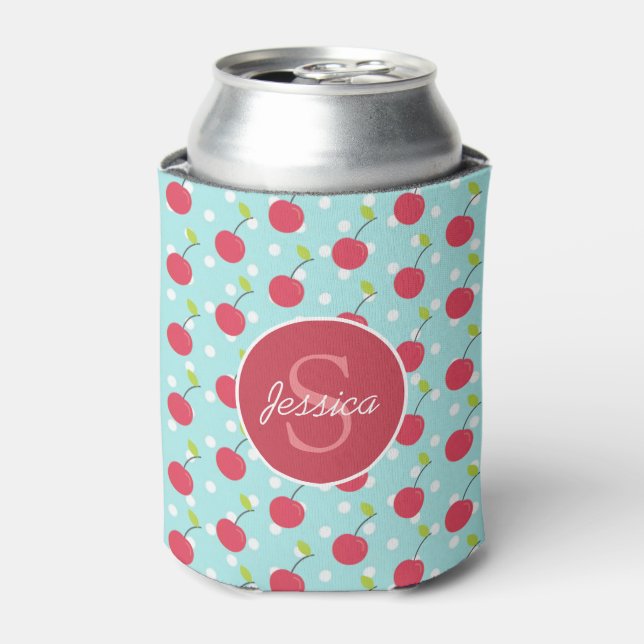 Cherry und Blue Polka Dot Muster Personalisiert Dosenkühler (Kanne Vorderseite)