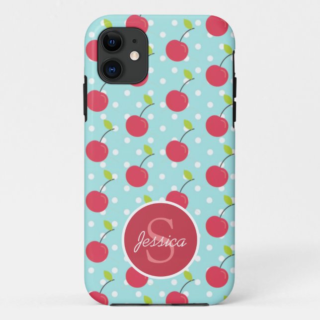Cherry und Blue Polka Dot Pattern Personalisiert Case-Mate iPhone Hülle (Rückseite)